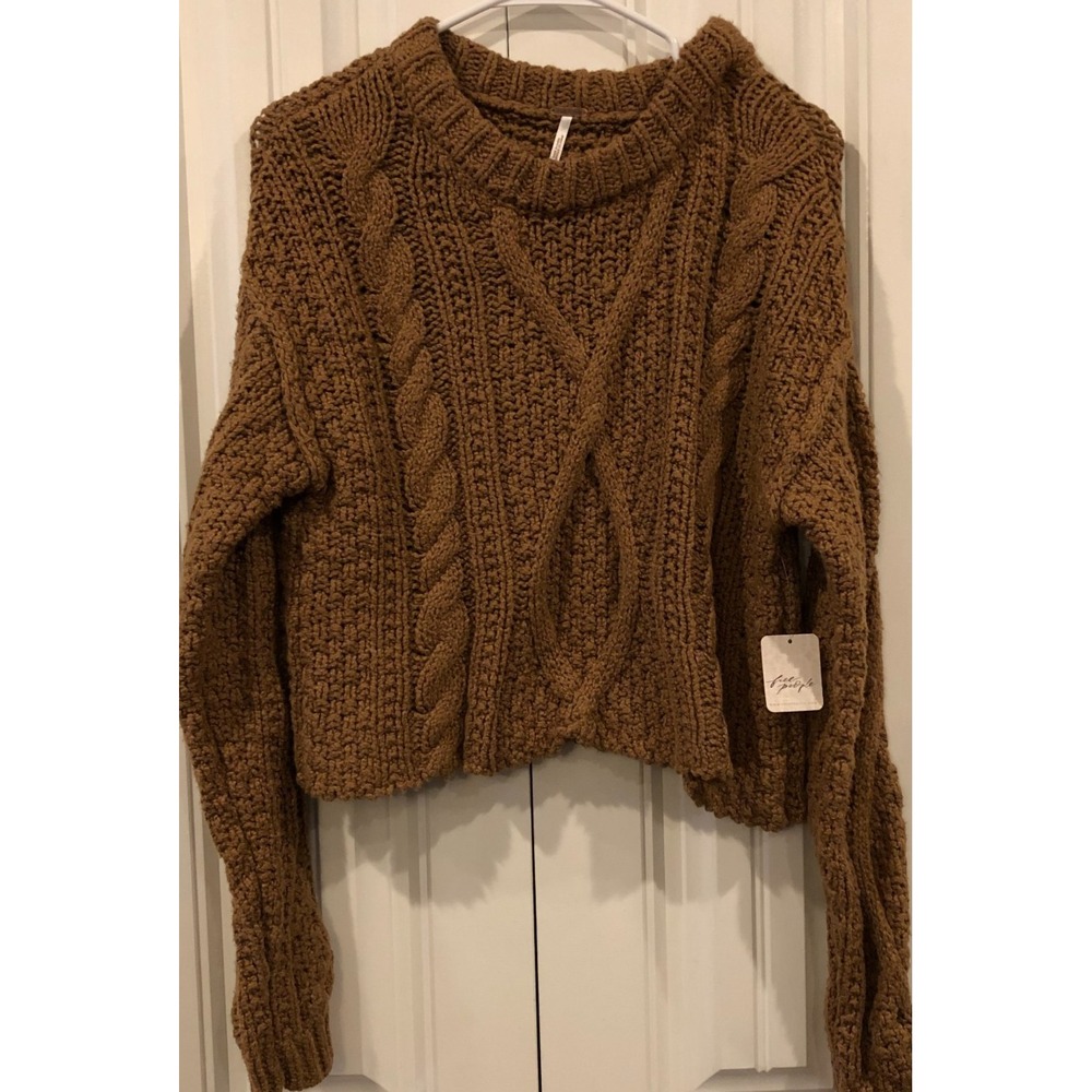 Free People Women's S Camel Cable Knit Cropped Sweater 100% Cotton Chunky Boho
